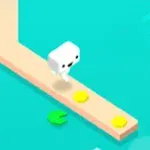Personaje cúbico blanco sobre un camino estrecho recogiendo monedas doradas en un fondo de agua azul