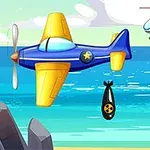 Avión azul y amarillo lanzando una bomba sobre el océano, con un helicóptero en el fondo