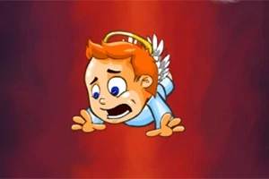 Un personaje de dibujos animados con alas y aureola, de cabello naranja y expresión de preocupación, flotando sobre un fondo rojo