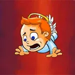 Un personaje de dibujos animados con alas y aureola, de cabello naranja y expresión de preocupación, flotando sobre un fondo rojo