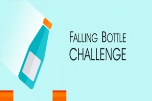 Botella azul y naranja cayendo con texto Falling Bottle Challenge sobre fondo azul claro