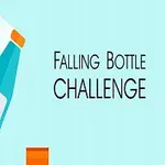 Botella azul y naranja cayendo con texto Falling Bottle Challenge sobre fondo azul claro