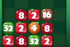 Cuadrícula de frutas con números que incluyen manzanas, sandías y una naranja en un tablero de juego de rompecabezas