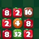 Cuadrícula de frutas con números que incluyen manzanas, sandías y una naranja en un tablero de juego de rompecabezas