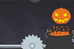 Calabaza con rostro tallado flotando sobre un caldero, junto a una sierra circular, en un ambiente oscuro