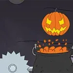 Calabaza con rostro tallado flotando sobre un caldero, junto a una sierra circular, en un ambiente oscuro