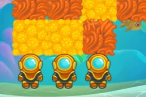 Tres figuras con trajes de buzo dorados frente a bloques amarillos y naranjas en un entorno acuático