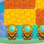Tres figuras con trajes de buzo dorados frente a bloques amarillos y naranjas en un entorno acuático