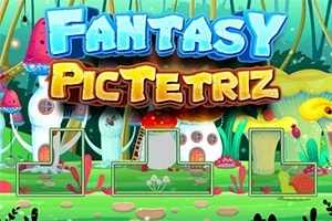 Título Fantasy PicTetriz con un fondo de casas en forma de setas en un paisaje colorido y fantasioso