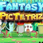 Título Fantasy PicTetriz con un fondo de casas en forma de setas en un paisaje colorido y fantasioso