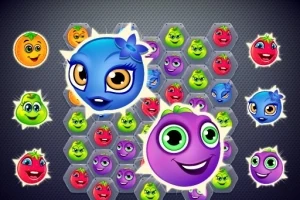 Caras de frutas coloridas con expresiones felices sobre un fondo de hexágonos