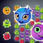 Caras de frutas coloridas con expresiones felices sobre un fondo de hexágonos