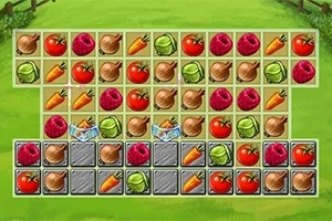 Iconos de vegetales y frutas coloridos ordenados en una cuadrícula sobre un fondo verde