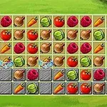 Iconos de vegetales y frutas coloridos ordenados en una cuadrícula sobre un fondo verde