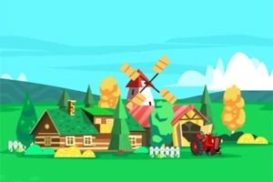 Paisaje de granja con una cabaña, molino de viento, tractor rojo y árboles en un entorno natural