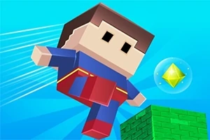 Personaje con diseño cúbico volando junto a un diamante amarillo y un bloque verde, sobre un fondo azul