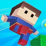 Personaje con diseño cúbico volando junto a un diamante amarillo y un bloque verde, sobre un fondo azul