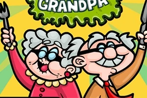 Dibujo de dos ancianos felices, una mujer y un hombre, sosteniendo utensilios de cocina en el aire