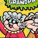 Dibujo de dos ancianos felices, una mujer y un hombre, sosteniendo utensilios de cocina en el aire