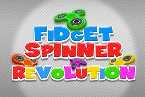 Texto colorido que dice Fidget Spinner Revolution con varios spinners de colores alrededor en un fondo gris rayado