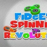 Texto colorido que dice Fidget Spinner Revolution con varios spinners de colores alrededor en un fondo gris rayado