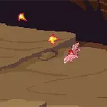 Personaje pixelado montando un animal en un entorno desértico con proyectiles de fuego