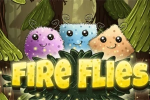 Tres criaturas coloridas y peludas con caras sonrientes en un bosque, rodeadas de vegetación con el texto Fire Flies en letras amarillas brillantes