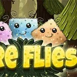 Tres criaturas coloridas y peludas con caras sonrientes en un bosque, rodeadas de vegetación con el texto Fire Flies en letras amarillas brillantes