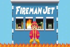 Un bombero pixelado en acción frente a un edificio en llamas con personajes asomándose por las ventanas