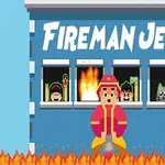 Un bombero pixelado en acción frente a un edificio en llamas con personajes asomándose por las ventanas