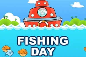 Barco rojo sobre el agua con peces alrededor y el texto Fishing Day