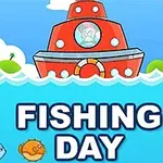 Barco rojo sobre el agua con peces alrededor y el texto Fishing Day