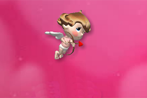 Cupido pequeño con alas y arco en un fondo rosa