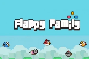 Fondo azul con nubes pixeladas y varios pájaros de diferentes colores volando en la parte inferior, con el texto Flappy Family en letras grandes en el centro