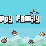 Fondo azul con nubes pixeladas y varios pájaros de diferentes colores volando en la parte inferior, con el texto Flappy Family en letras grandes en el centro