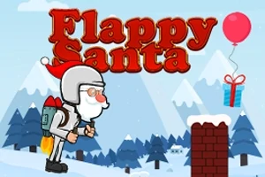 Santa Claus con un traje gris y propulsores volando cerca de un regalo colgado de un globo rojo, con fondo de montañas y árboles nevados