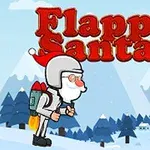 Santa Claus con un traje gris y propulsores volando cerca de un regalo colgado de un globo rojo, con fondo de montañas y árboles nevados
