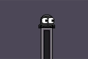 Un personaje pixelado negro con ojos grandes está sobre una plataforma delgada en un fondo gris oscuro