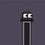 Un personaje pixelado negro con ojos grandes está sobre una plataforma delgada en un fondo gris oscuro