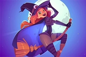 Bruja sonriente volando en escoba frente a una luna llena