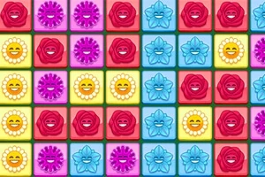 Patrón de cuadrículas coloridas con flores y caras sonrientes en tonos de azul, rosa, amarillo y rojo