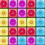 Patrón de cuadrículas coloridas con flores y caras sonrientes en tonos de azul, rosa, amarillo y rojo