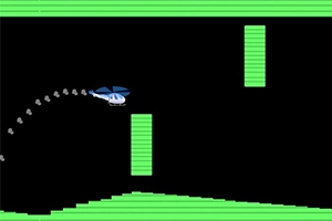 Un helicóptero azul volando entre obstáculos rectangulares verdes en un fondo negro con bordes también verdes