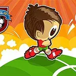 Personaje caricaturesco de fútbol corriendo sobre un campo verde, con una pelota de fútbol y un sol resplandeciente de fondo