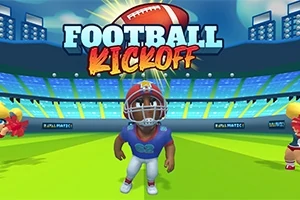 Jugador de fútbol americano animado en un estadio con el texto Football Kickoff y un balón en el fondo