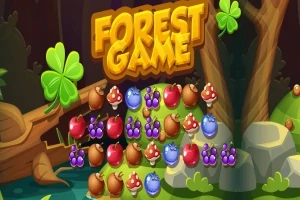 Título Forest Game rodeado de tréboles y elementos del bosque como frutas y hongos coloridos