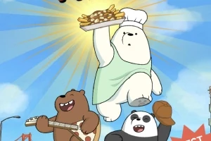 Tres osos caricaturescos realizan actividades diferentes bajo un cielo azul, uno sosteniendo una charola con papas fritas, otro tocando guitarra, y el tercero usando un guante de béisbol