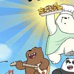 Tres osos caricaturescos realizan actividades diferentes bajo un cielo azul, uno sosteniendo una charola con papas fritas, otro tocando guitarra, y el tercero usando un guante de béisbol