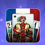 Cartas de naipes ilustradas con un juglar en el centro y un fondo con los colores de la bandera francesa sobre un fondo azul con destellos