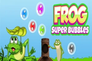 Ranas caricaturescas rodeadas de burbujas de colores y el texto Frog Super Bubbles sobre un fondo azul